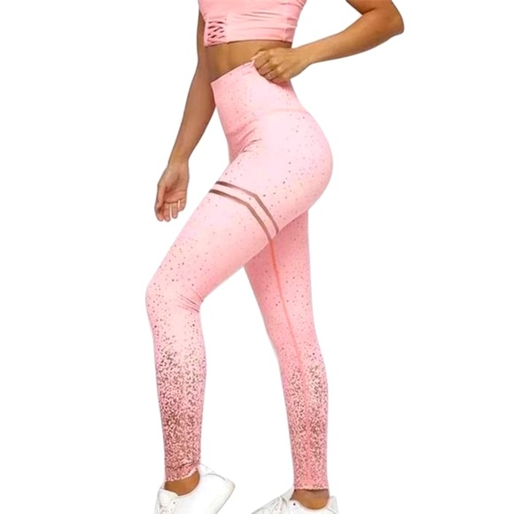 Pink High Waist Leggings With Gold Flake athletic Workout Yoga Tights Trousers - Picture 2 of 12